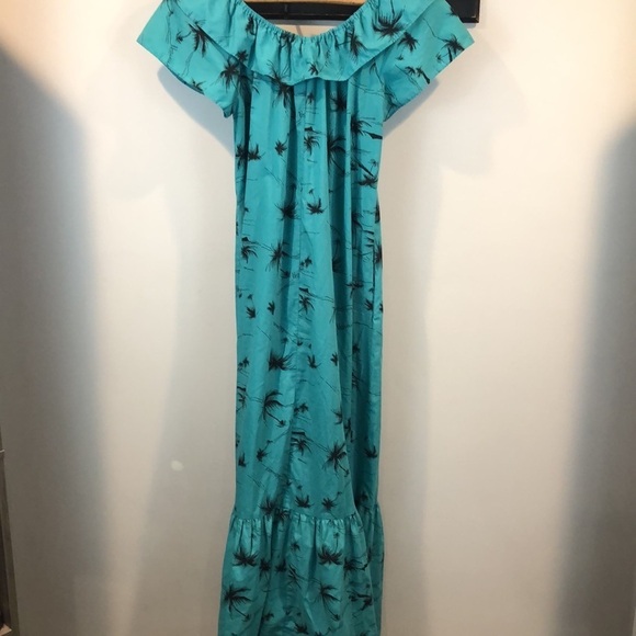 Vintage Hilo Hattie Hawaiian Off Shoulder Teal MuMu Maxi Dress Size Large - Picture 7 of 8